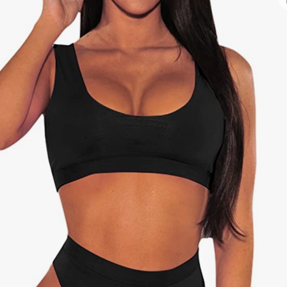 Pink Queen Beachy Coastal Sporty Black Crop Tank Bikini Top Vacation Summer Pool